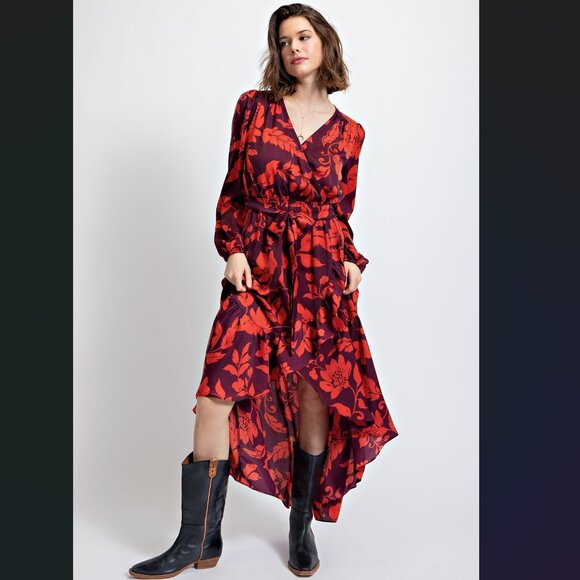Easel Eggplant Floral Mirabelle Satin High Low Maxi Dress - Picture 1 of 4